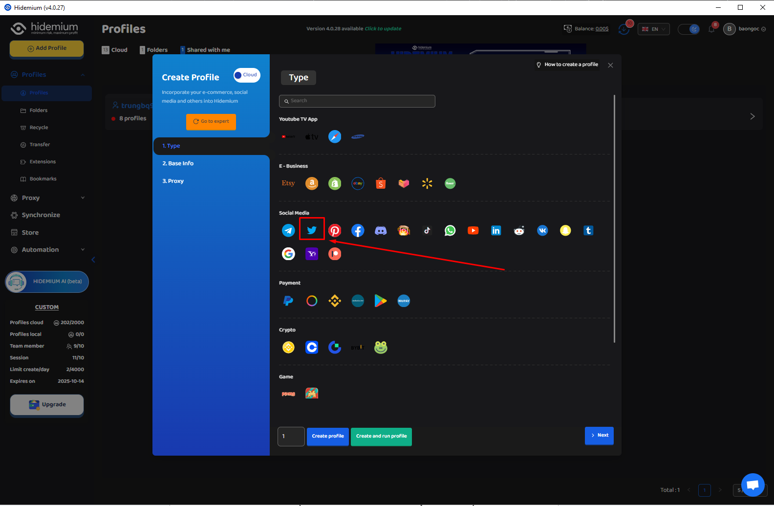 Chọn icon X/Twitter khi tạo profile trong Hidemium antidetect browser